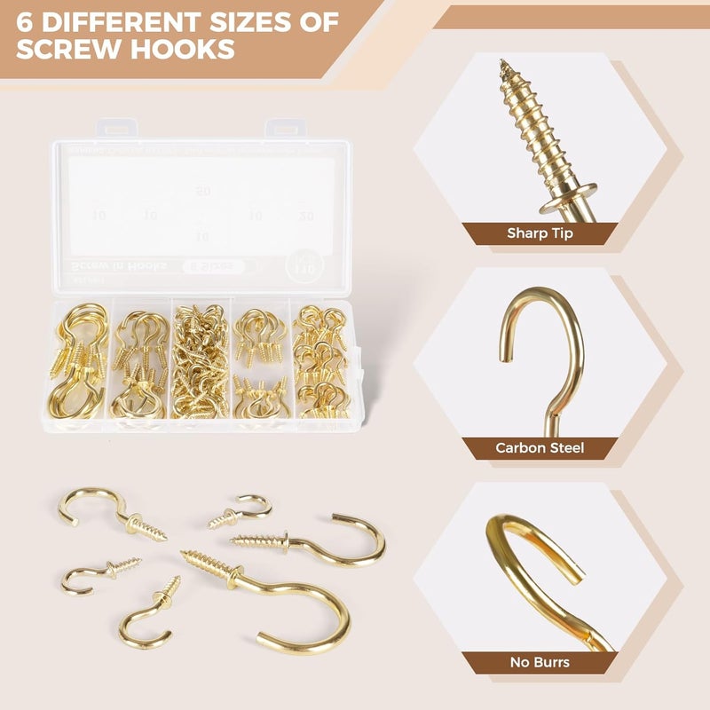 RELBRO Screw Hooks, 6 Sizes Metal Screw in Cup Hooks, 1/2 Inch, 5/8 Inch, 3/4 Inch, 7/8 Inch, 1 Inch, 1-1/4 Inch, Gold, 110 Pcs - Image 4